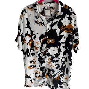 DENIM & FLOWER by Ricky Singh Black, White and Ochre Abstract Floral Mens Top, L